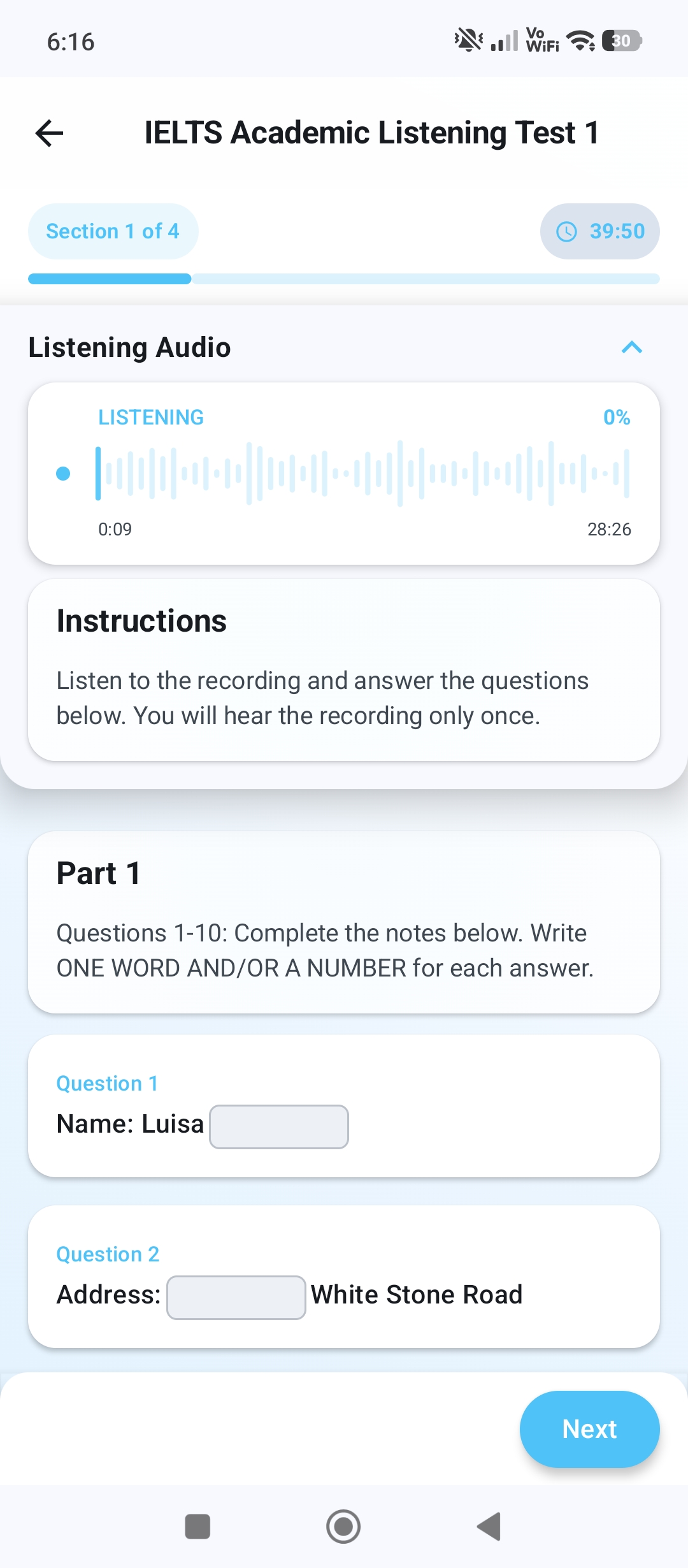 A listening test in progress in IELTIFY, with a running clock and audio played once