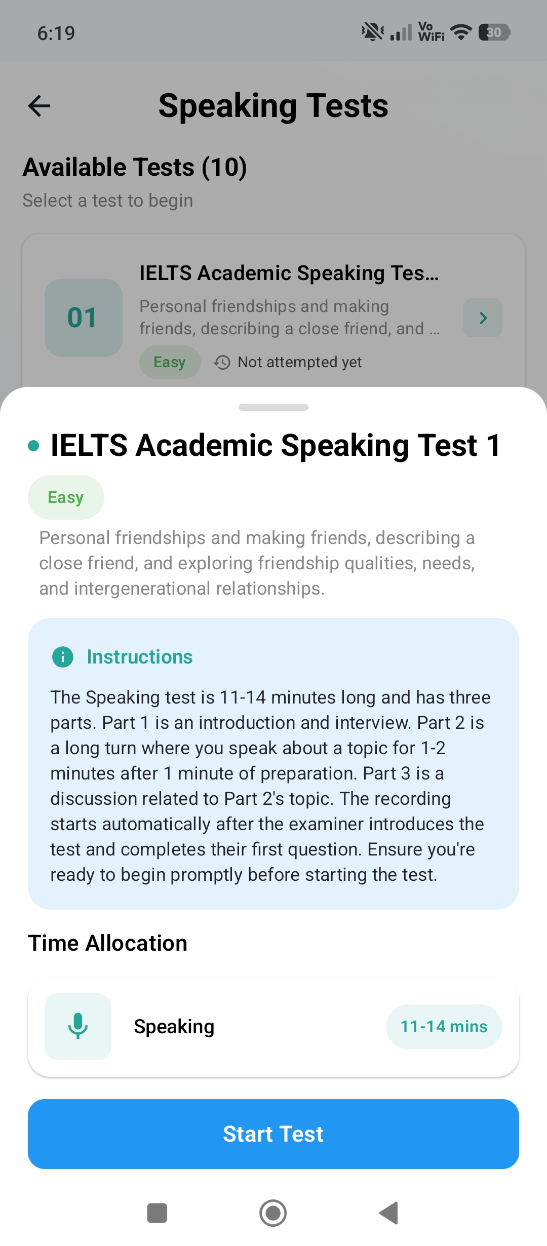 The three-part speaking test in IELTIFY, with interview, long turn and discussion