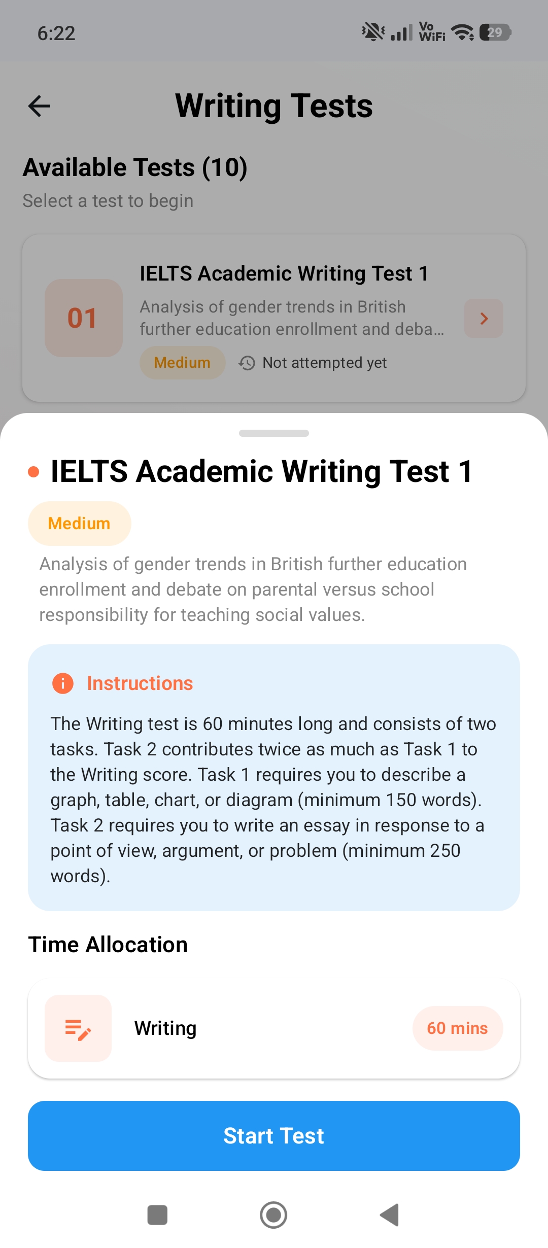 Both writing tasks under exam timing in IELTIFY