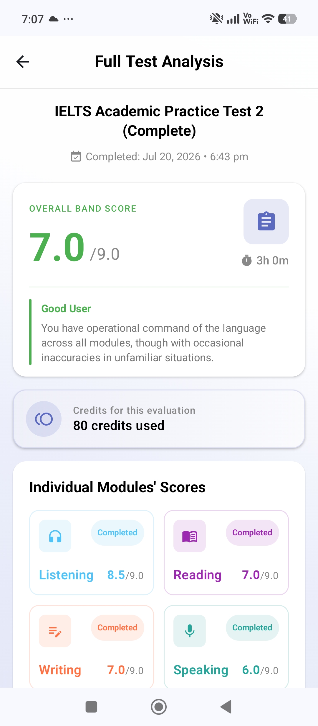 IELTIFY full test analysis showing an AI-scored overall band of 7.0 across all four skills