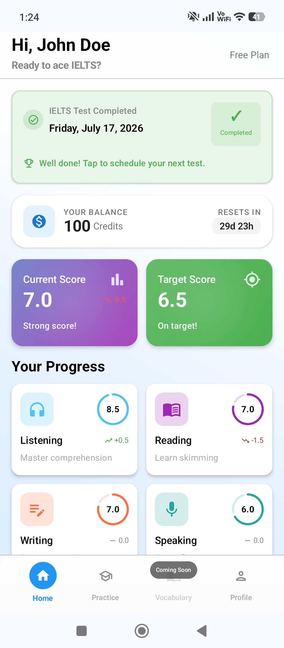 The IELTIFY dashboard showing current band, target band and per-skill progress