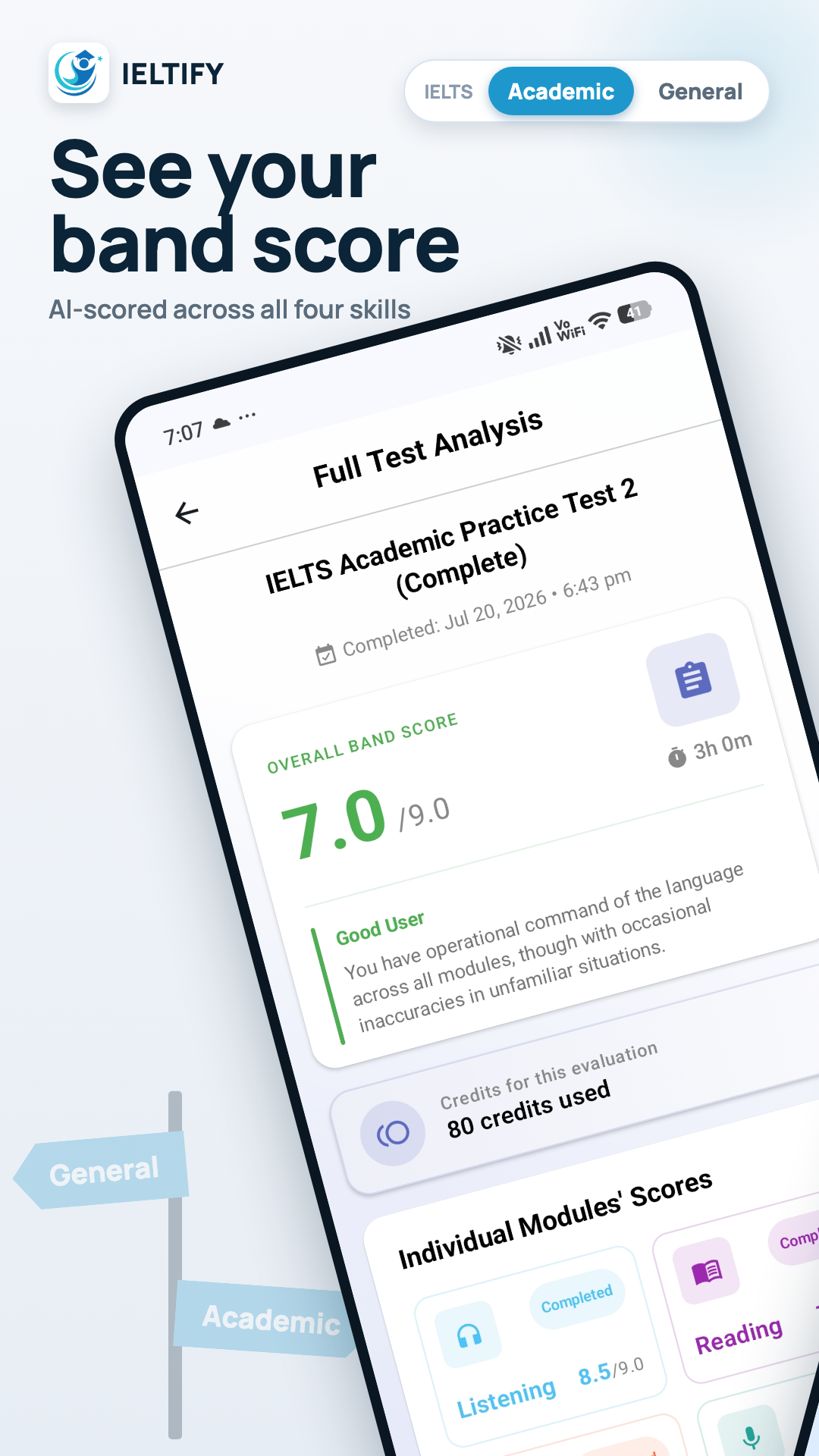 IELTIFY full test analysis with an AI-scored overall band