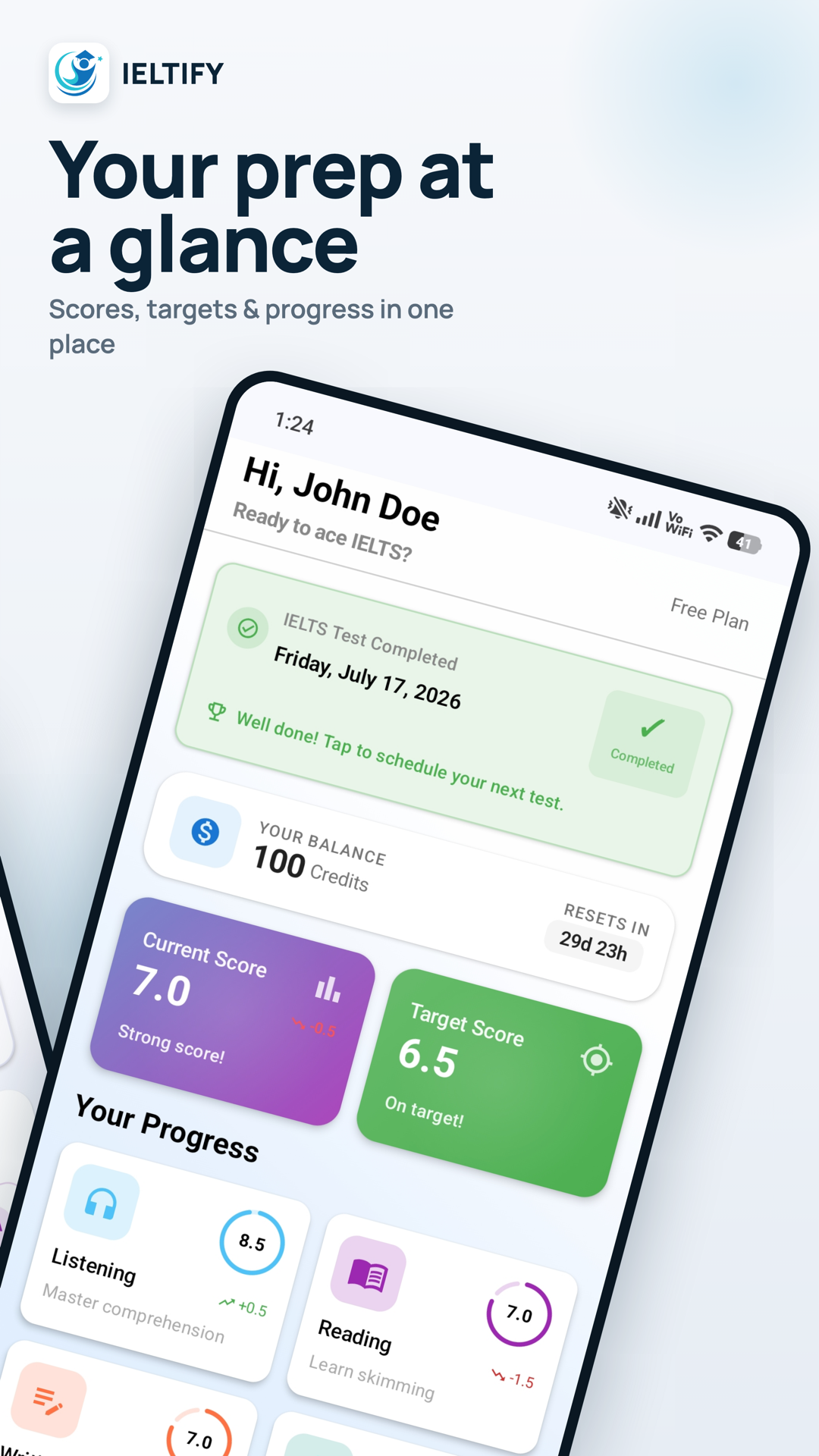 IELTIFY dashboard with scores, targets and progress