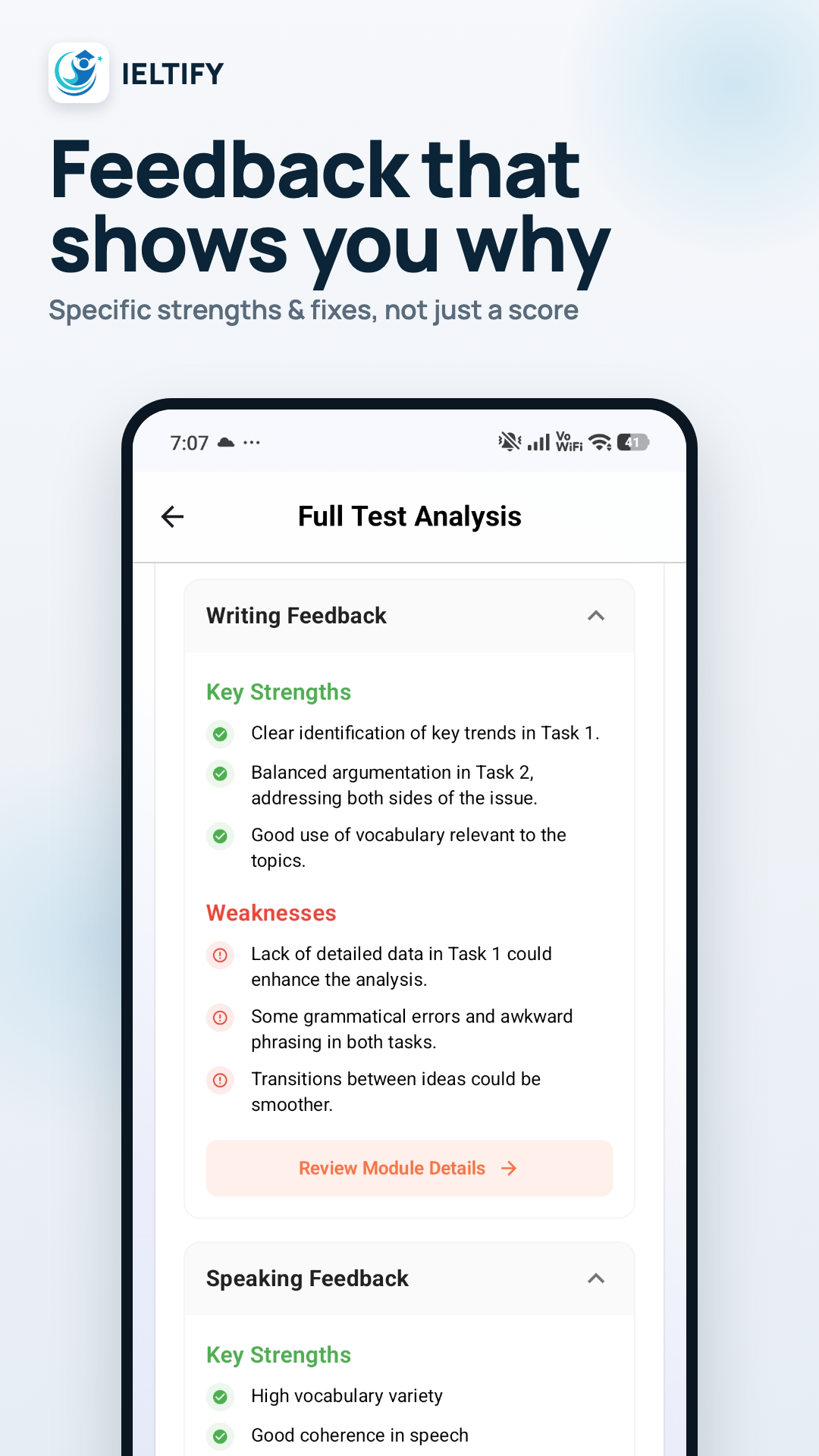 IELTIFY feedback showing specific strengths and fixes
