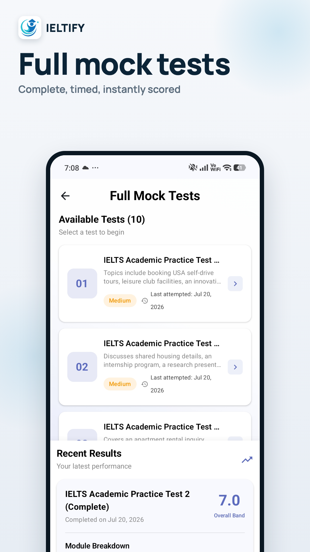 IELTIFY full, timed mock tests